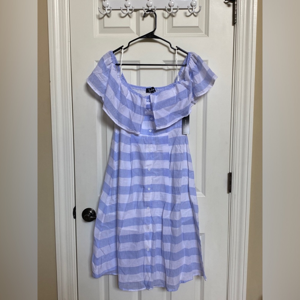 Lulu’s Women’s Blue/White Striped Midi Dress - Size M NWT